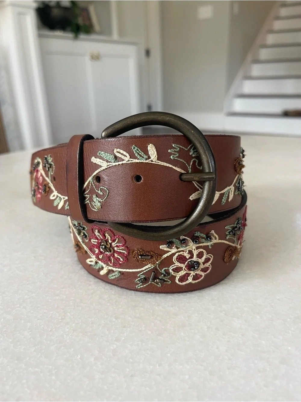 Brown Leather Belt Floral Embroidery Beading Boho Festival